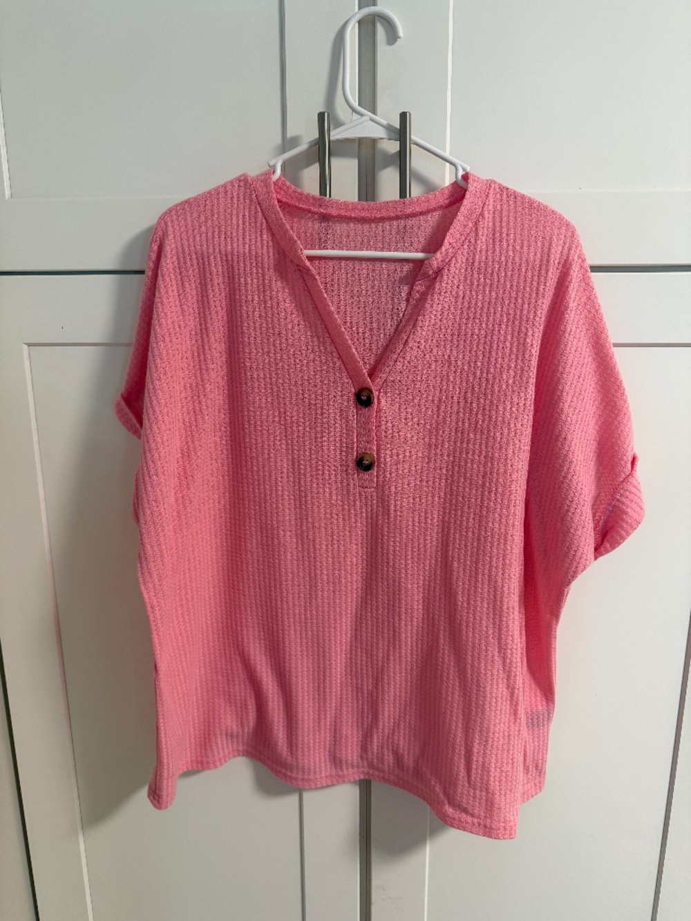 SHEIN Curve 2XL Coral Pink Waffle Knit Button V-Neck Top